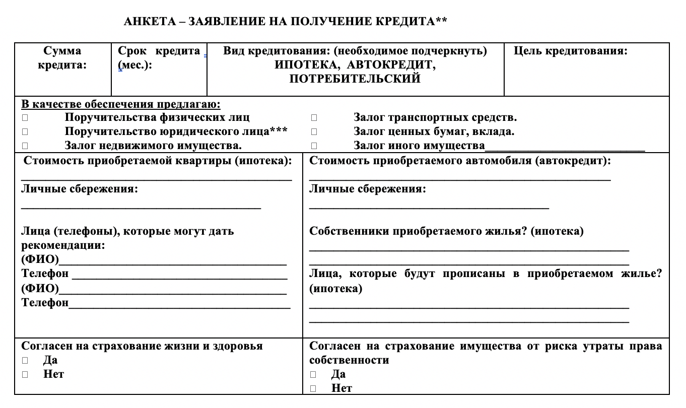 Анкета на кредит